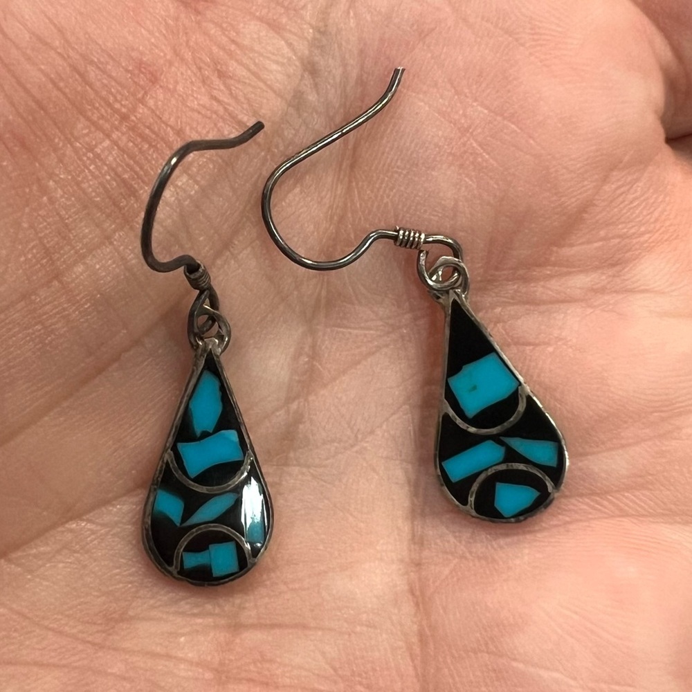 Vintage TAXCO Mexico Turquoise Black Onyx Sterling Silver Earrings